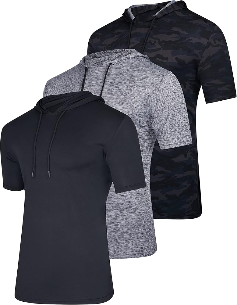 Real Essentials 3 Pack: Men's Dry Fit Short Sleeve Active Athletic Hoodie Pullover Sweatshirt (Available in Big & Tall)