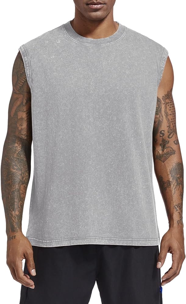 Mens Cotton Workout Gym Tank Top Sleeveless Cut Off Muscle Shirts Acid Wash Tshirts Running Beach Loose Fit Tees