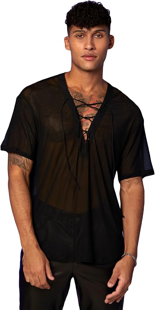 WDIRARA Men's Lace Up Front Mesh V Neck Tee Top Short Sleeve Sheer Casual T Shirts