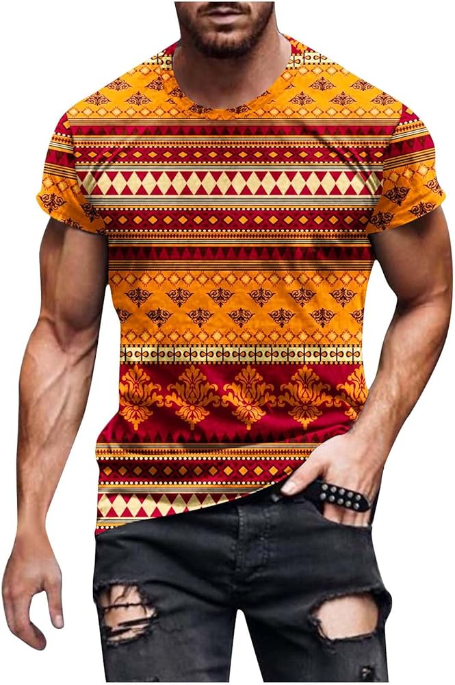 Men's Aztec T-Shirt Summer Short Sleeve Tees Tops Ethnic Tribe Theme Shirts Vintage Geometric Graphic Workout Shirt