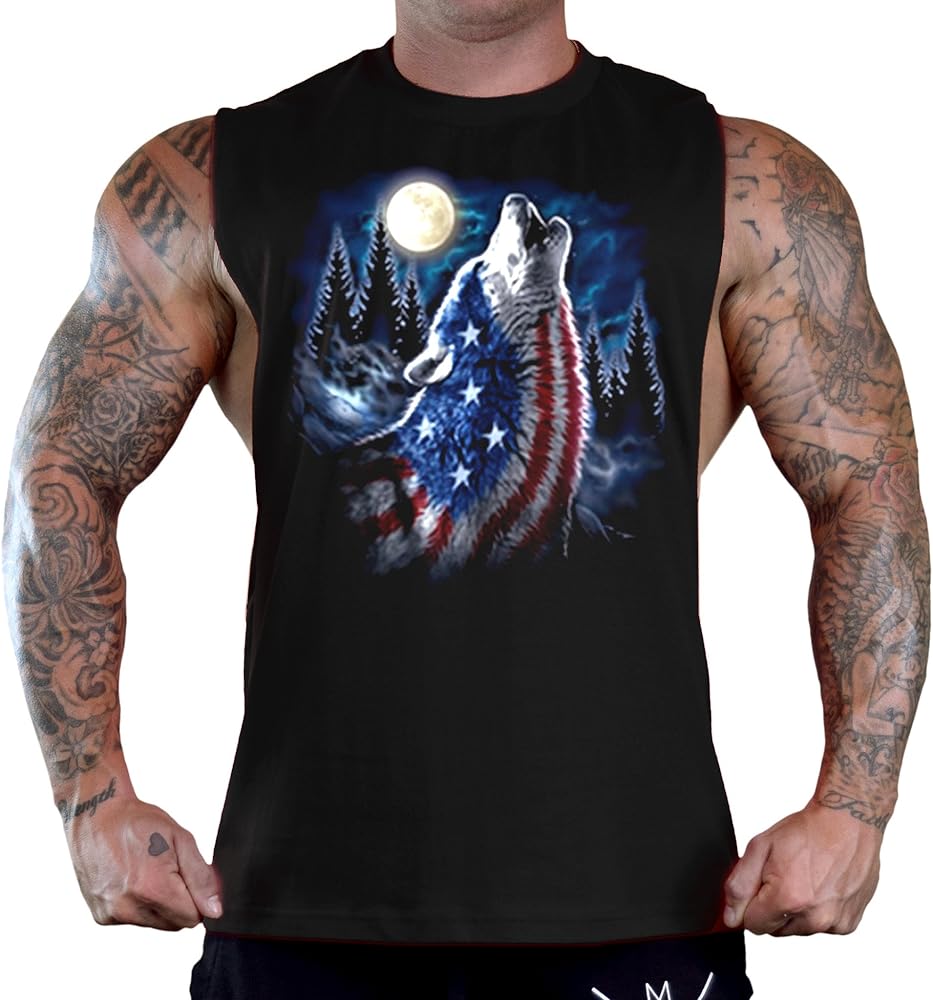 Men's American Forest Wolf Black Sleeveless T-Shirt Tank Top