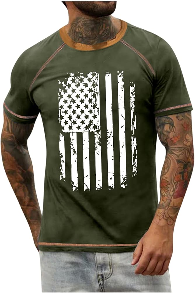 4th of July T-Shirts for Men Men's Raglan T-Shirt Vintage Short Sleeve Round Neck Independence Day Printed Top