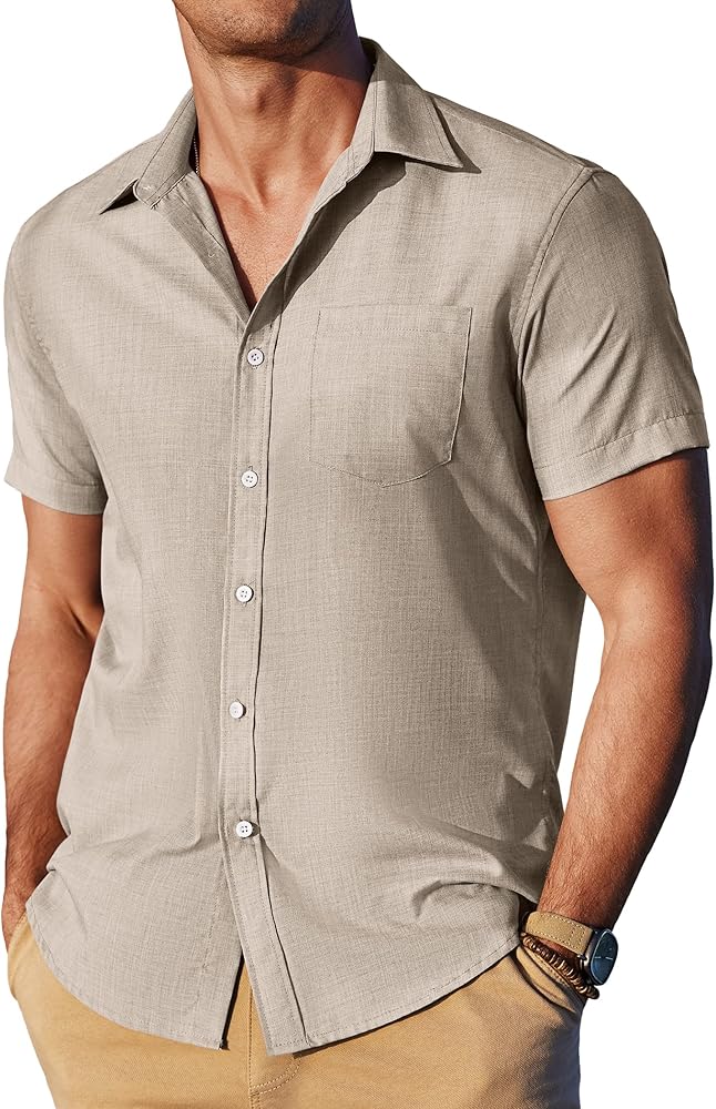 Men's Casual Linen Shirt Short Sleeve Button Down Summer Beach Shirts