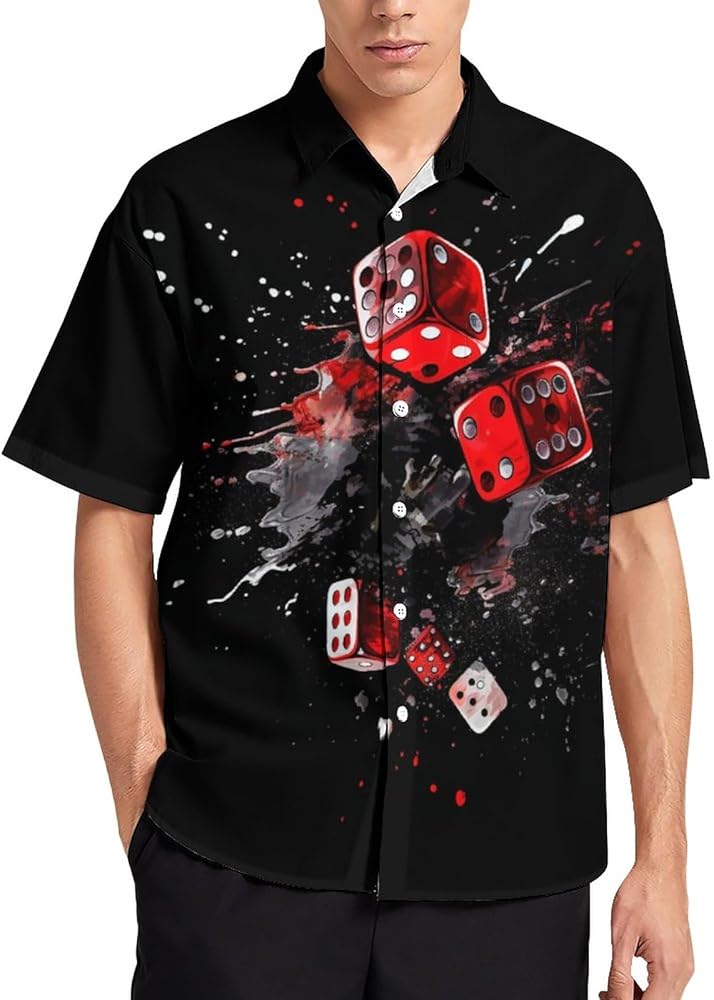 Mens Casino Dice and Poker Print Hawaiian Shirts Casual Button Down Shirt Summer Beach Shirts