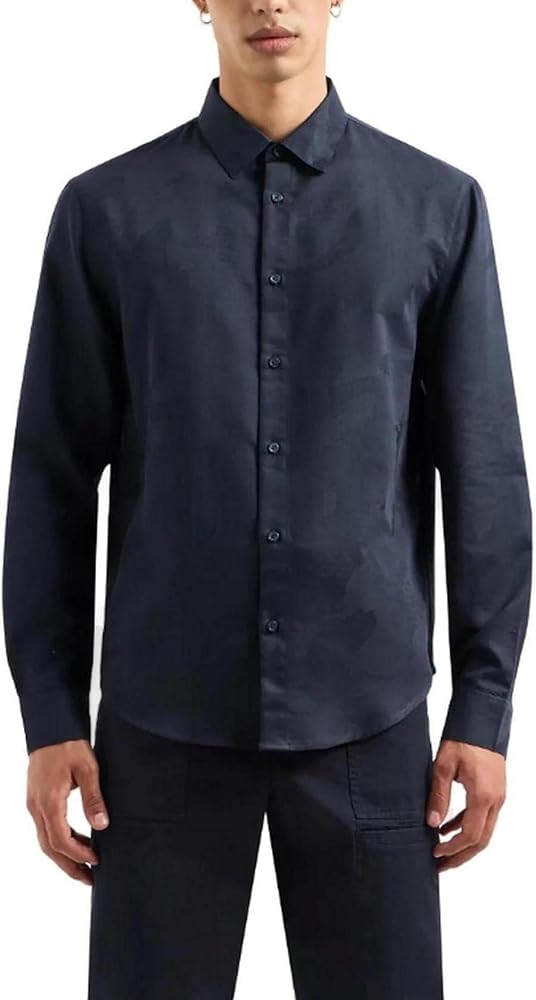 A|X Armani Exchange Men's Long Sleeve Jacquard Button Down Shirt, DEEP Navy AO CAMO