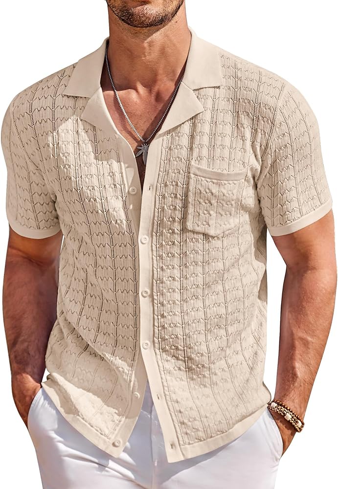 COOFANDY Men's Knit Button Down Shirt Short Sleeve Vintage Polo Shirts Summer Casual Beach Tops