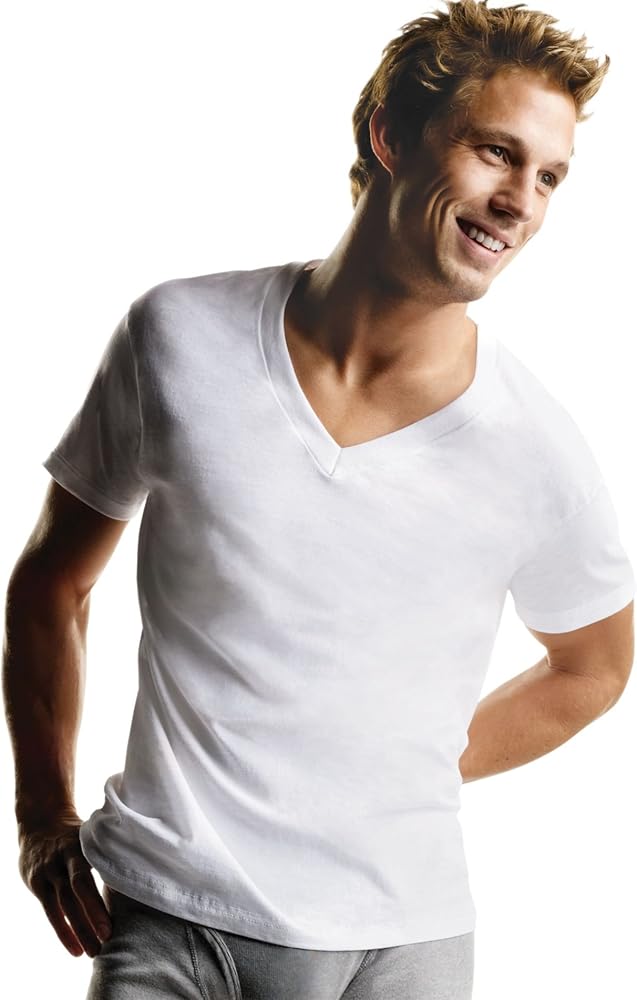 Hanes White V-Neck T P5 (Medium)