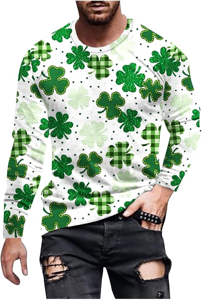 St Patrick's Day Men's Irish Green Long Sleeve Shirt Lucky Shamrock Clover T Shirts 2023 Trendy Graphic Tee Tops