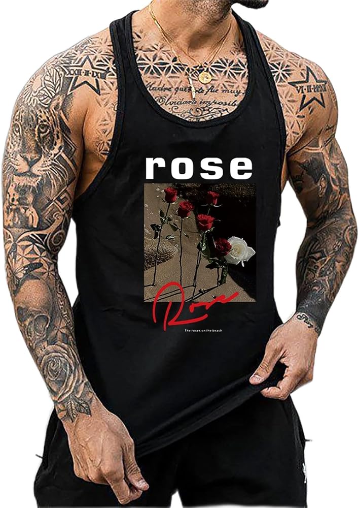 Men's T-Shirts Men Letter & Floral Print Tank Top T-Shirts for menQWEWQE