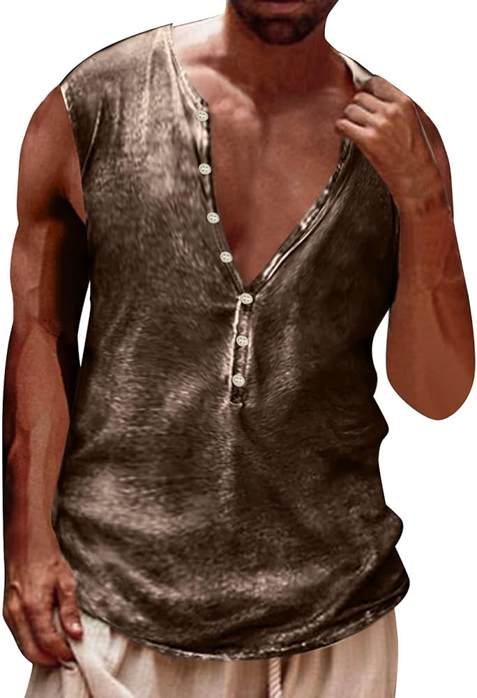 Men's Distressed Sleeveless Henley Shirt Vintage Casual Button Down V-Neck Tank Tops Loose Summer Outdoor T-Shirts