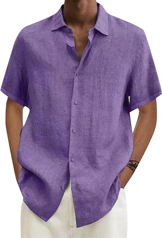 YMING Mens Linen Button Down Shirt Casual Short Sleeve Shirts Lapel Solid Color Tops Plus Size