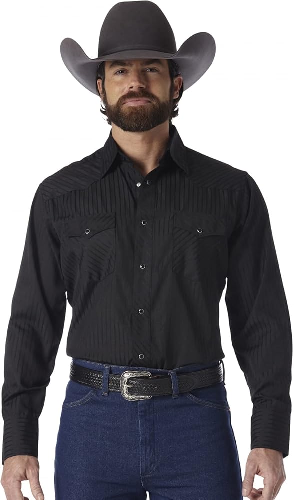 Wrangler Men's Tall Sport Western Snap Shirt Dobby Stripe, Black, Large Tall