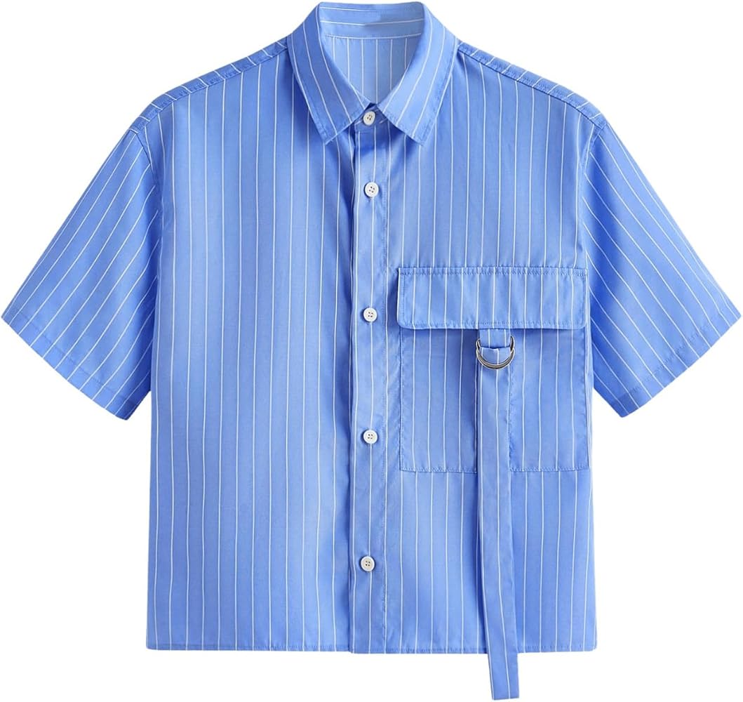 OYOANGLE Men's Striped Print Button Down Short Sleeve Flap Pocket Crop Shirt Tops