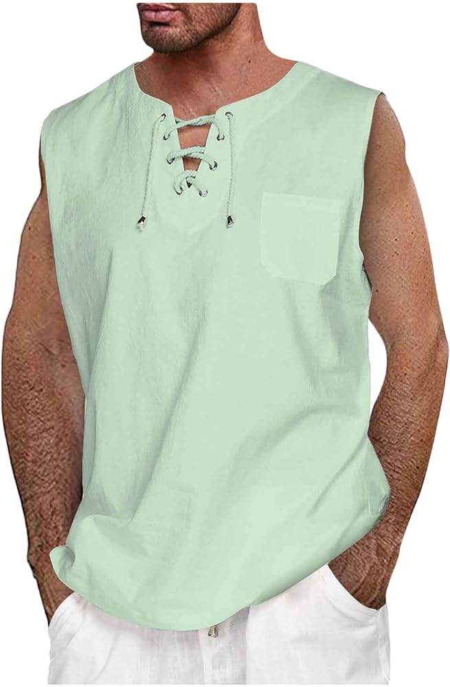 Mens Sleeveless Pirate Shirts Cotton Linen Lace Up V Neck Tank Tops Hippie Beach Summer Tops Comfort Tanks Tee